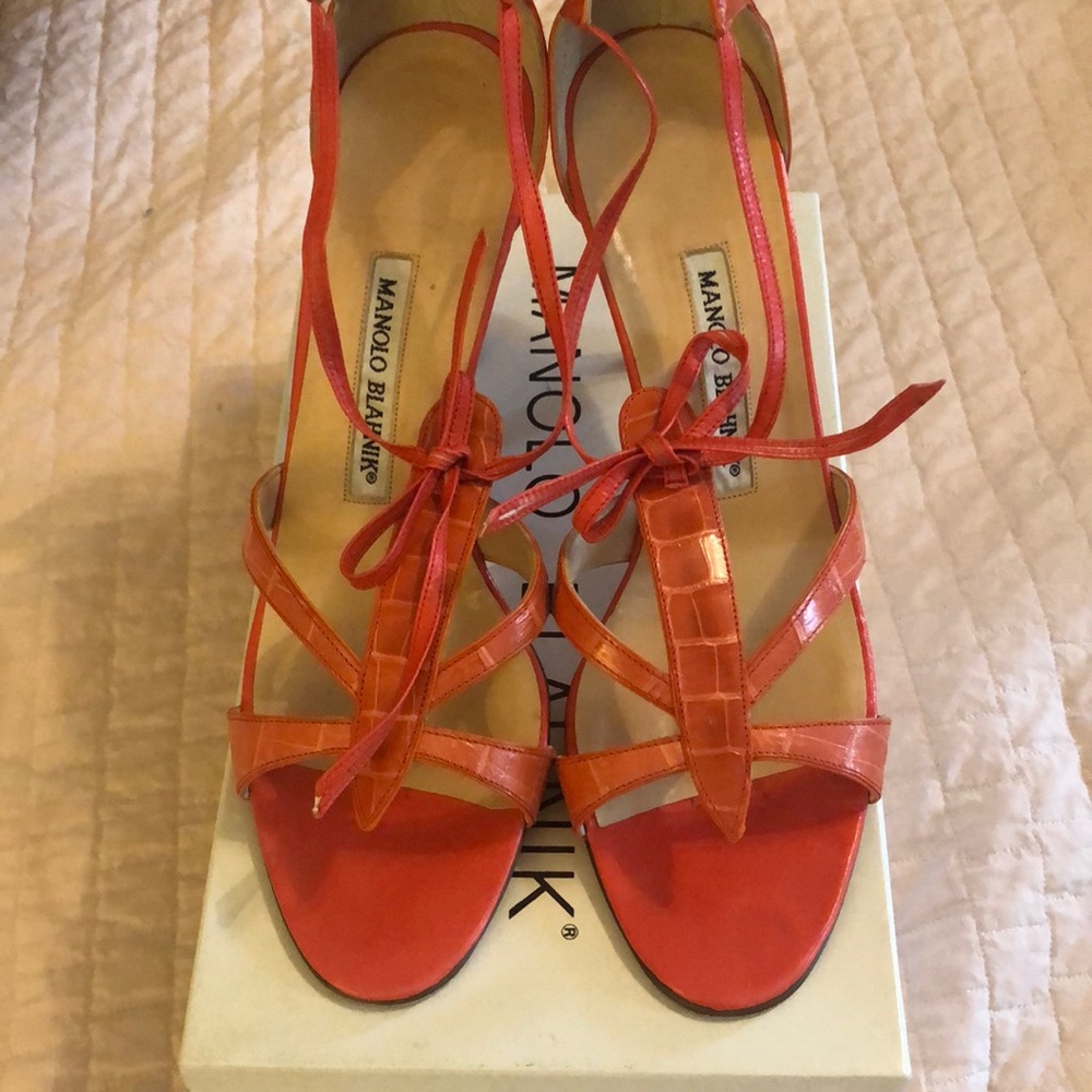 Manolo Blahnik Venusa Sandals in Aragosta(lobster) Croc EUC 39 1/2